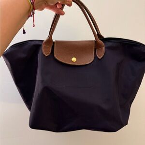 Longchamp Le Pliage Tote with Brown Leather Trim in the color FIG